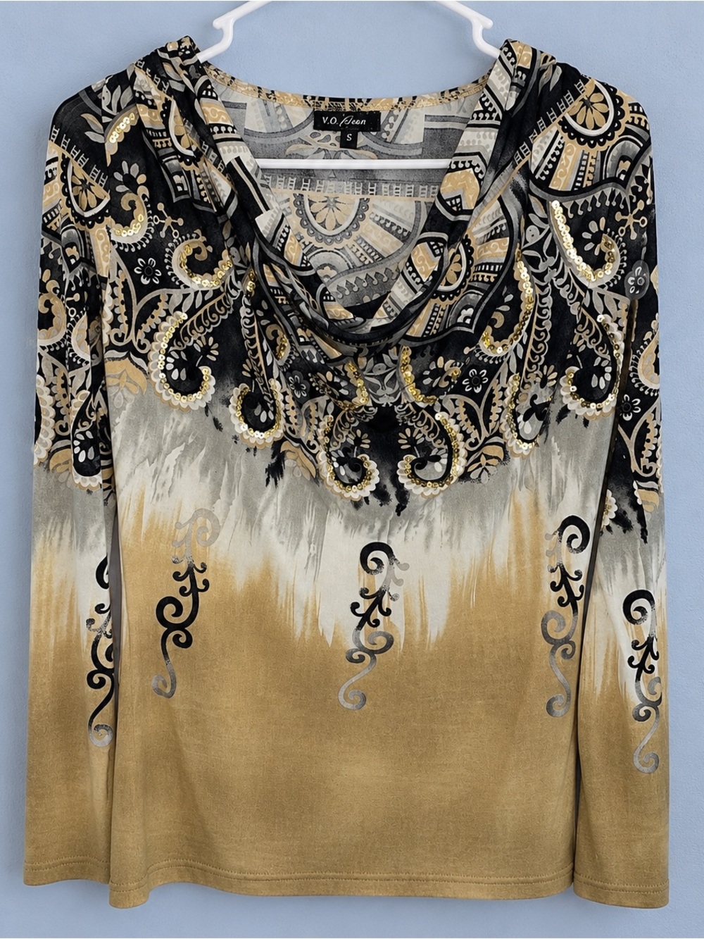 ⭐ Y2K V.O. Jeans Cowl Neck Sequined Boho Print Top – Size Small ⭐